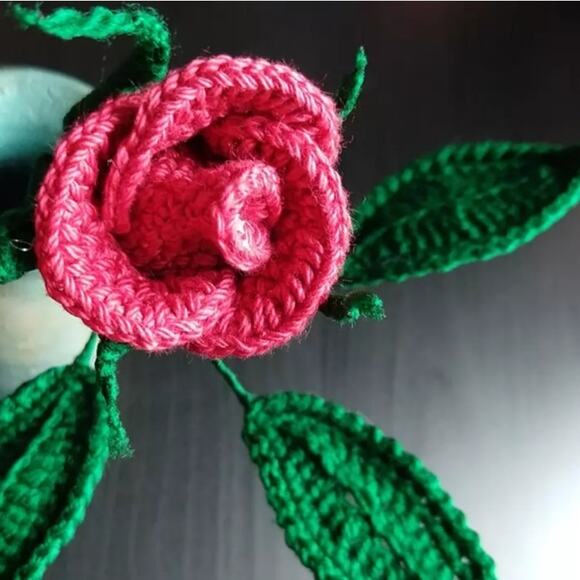 Red Crochet Rosebuds Last Forever 9" long stem rose unique faux flower cottage - Picture 14 of 15